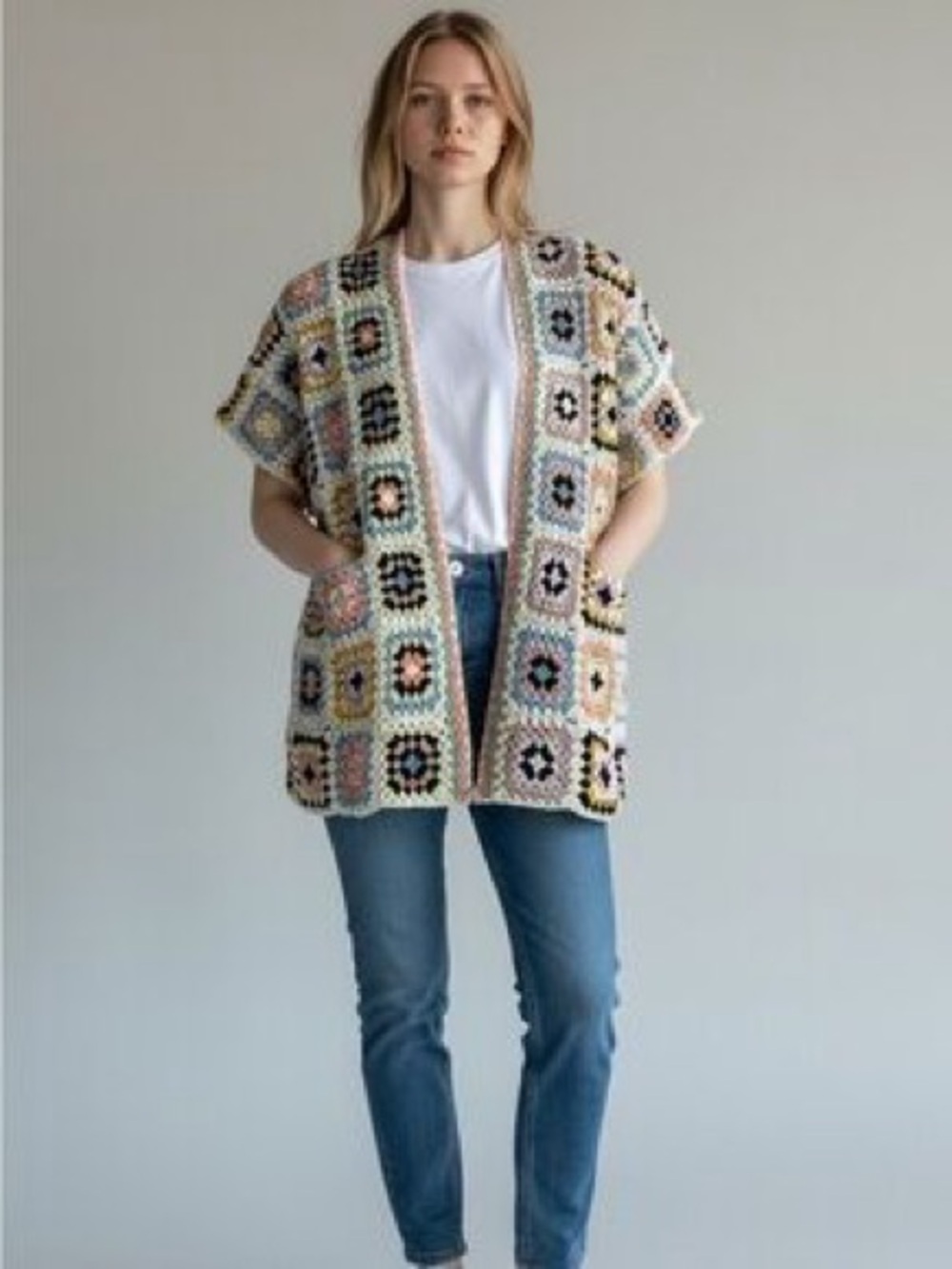 Bohemian Festival Gypsy Crochet Granny Square Poncho Cardigan in Cream/Multi - Picture 5 of 5